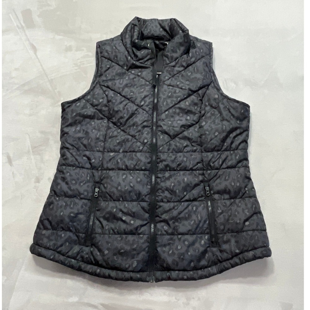 Maurices Puffer Vest Women XL Black Leopard Print Quilted Zip Up Pockets Good